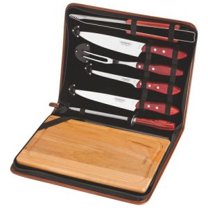 KIT PARA CHURRASCO EM AO INOX CABO VERMELHO POLYWOOD COM TÁBUA E ESTOJO 8 PEÇAS TRAMONTINA 21198/765