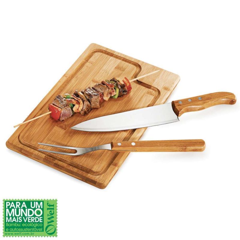 CONJUNTO PARA CHURRASCO EM BAMBU E INOX TEXAS 3 PEÇAS WELF MB-04093