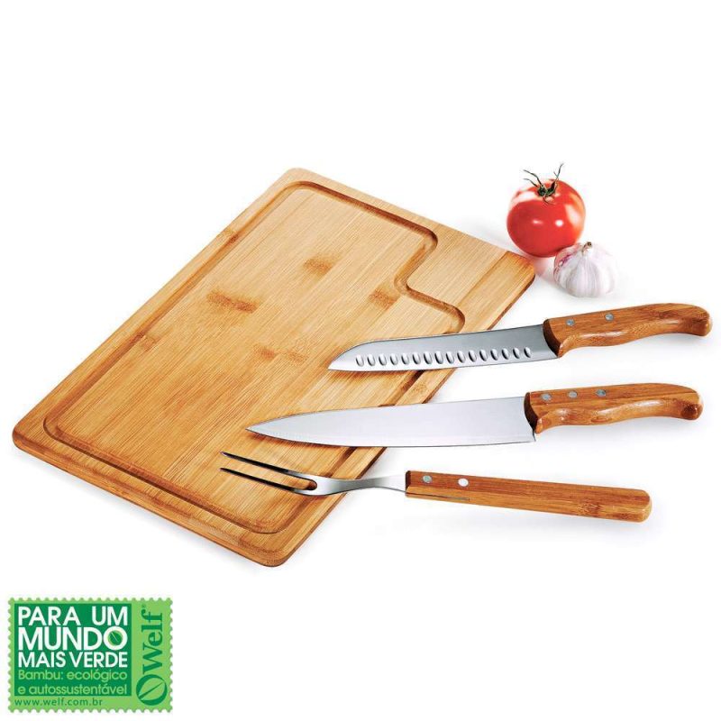 CONJUNTO PARA CHURRASCO EM BAMBU E INOX TEXAS 4 PEÇAS WELF MB-04623