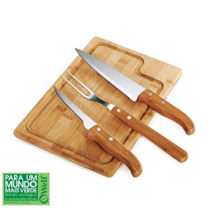 CONJUNTO PARA CHURRASCO EM BAMBU E INOX DALLAS 4 PEÇAS WELF MB-19123
