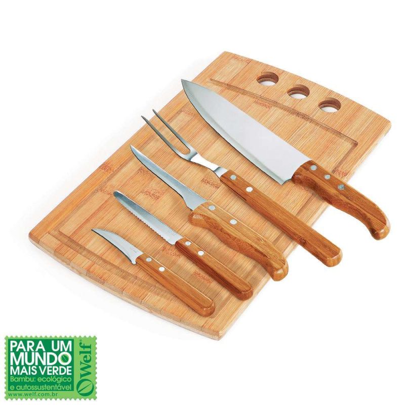 CONJUNTO PARA CHURRASCO E COZINHA EM BAMBU E INOX CALIFÓRNIA 6 PEÇAS WELF MB-21533
