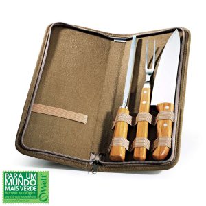 CONJUNTO GARFO, FACA E CHAIRA INOX/BAMBU COM ESTOJO MONTREAL 4 PEÇAS WELF REF PB-00423