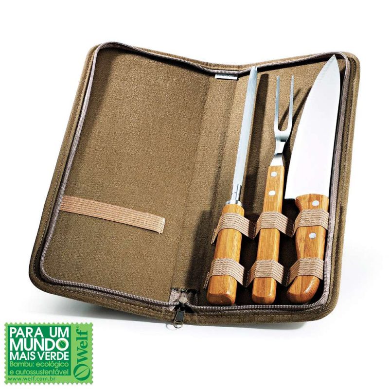 CONJUNTO GARFO, FACA E CHAIRA INOX/BAMBU COM ESTOJO MONTREAL 4 PEÇAS WELF REF PB-00423