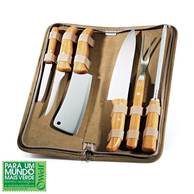 CONJUNTO DE FACAS INOX/BAMBU COM ESTOJO MONTREAL 7 PEÇAS WELF REF PB-00613
