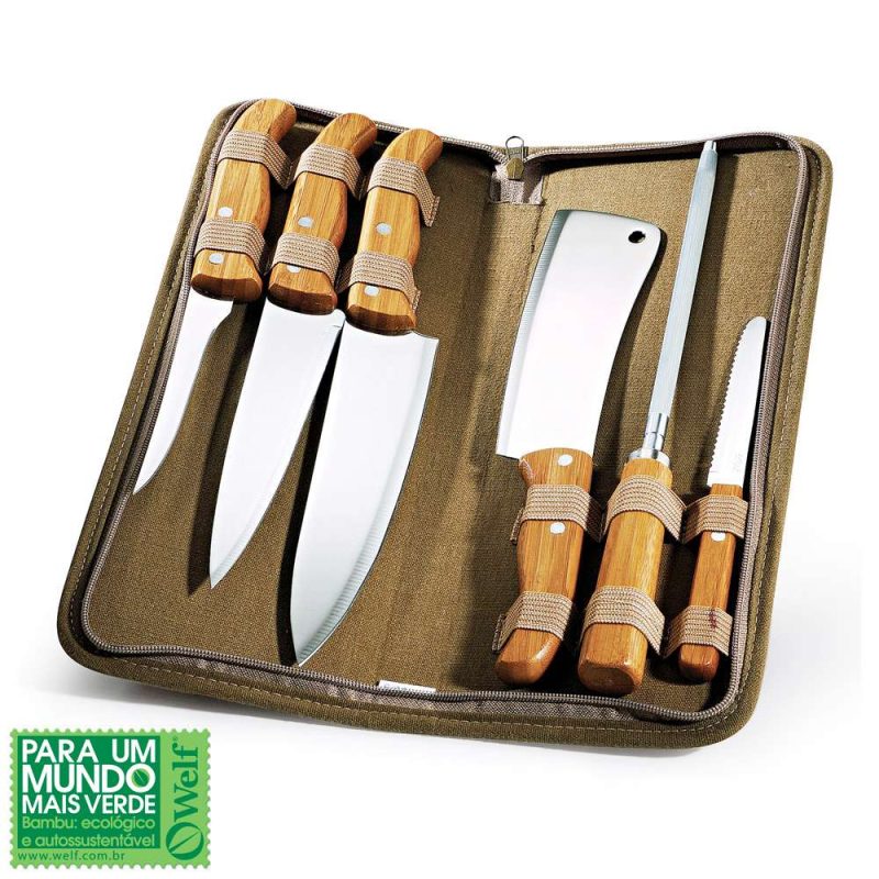 CONJUNTO DE FACAS INOX/BAMBU COM ESTOJO MONTREAL 7 PEÇAS WELF REF PB-00623