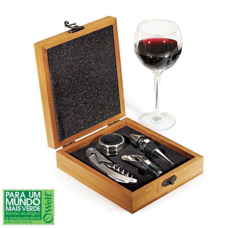 ESTOJO EM BAMBU COM ACESSÓRIOS PARA VINHO VÊNETO 4 PEÇAS WELF PV-00813