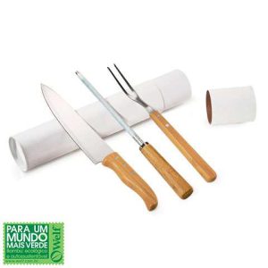 CONJUNTO COM GARFO, CHAIRA E FACA 8" EM INOX E BAMBU HAMBURGO 3 PEÇAS WELF TB-00733