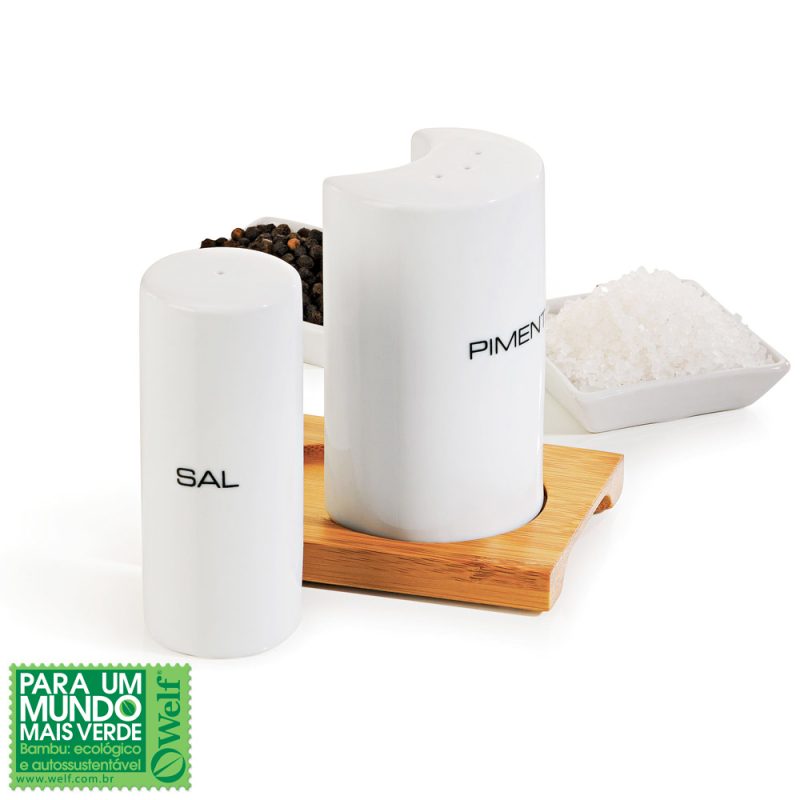 CONJUNTO SAL E PIMENTA EM PORCELANA E BAMBU ROMA 3 PEÇAS WELF TE-00523