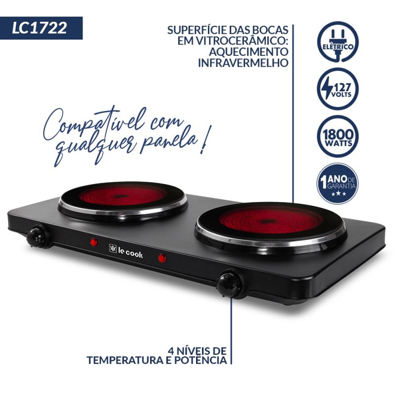 COOKTOP ELÉTRICO 2 BOCAS VIDTROCERÂMICO LE COOK LC1722 110V 1800W