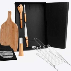 KIT PARA CHURRASCO EM BAMBU E INOX COM AVENTAL 7 PÇS WELF KT-20004
