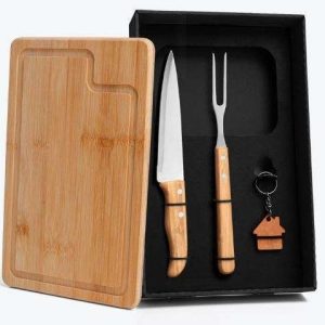 KIT PARA CHURRASCO EM BAMBU / INOX COM CHAVEIRO 4 PÇS WELF KT-90148