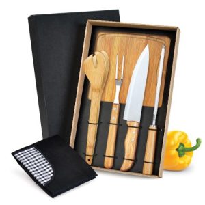 KIT PARA CHURRASCO EM BAMBU/INOX /INOX COM AVENTAL 6 PÇS WELF ME-32813