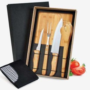KIT PARA CHURRASCO EM BAMBU E INOX COM AVENTAL 6 PEÇAS WELF ME-04803