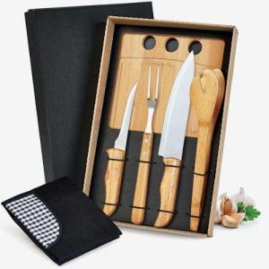 KIT PARA CHURRASCO EM BAMBU E INOX COM AVENTAL 6 PEÇAS WELF ME-21803