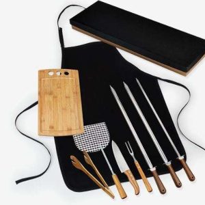 CONJUNTO PARA CHURRASCO EM BAMBU E INOX COM ESPETOS 9 PEÇAS WELF MF-21113