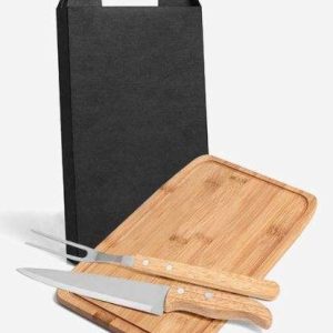 CONJUNTO PARA CHURRASCO EM BAMBU COM  INOX E MADEIRA 3 PEÇAS WELF MX-36066