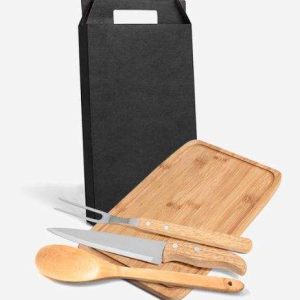 CONJUNTO PARA COZINHA E CHURRASCO EM BAMBU COM  INOX E MADEIRA 4 PEÇAS WELF MX-36166