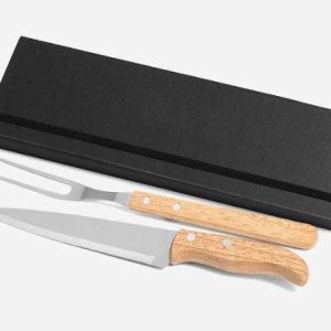 CONJUNTO DE GARFO E FACA INOX E  MADEIRA COM ESTOJO PRETO 3 PEÇAS WELF PB-31066