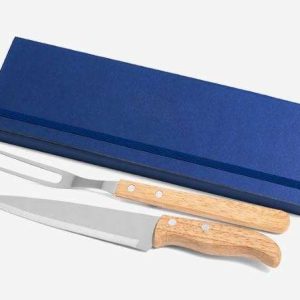CONJUNTO DE GARFO E FACA INOX E MADEIRA COM ESTOJO AZUL 3 PEÇAS WELF PB-33066