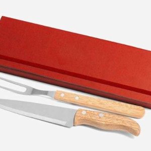 CONJUNTO DE GARFO E FACA INOX E MADEIRA COM ESTOJO VERMELHO 3 PEÇAS WELF PB-34066