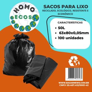 SACO PARA LIXO HOMO ECOS - 50 LITROS - 100 UNIDADES - RECICLADO, ECOLÓGICO, RESISTENTE E ECONÔMICO