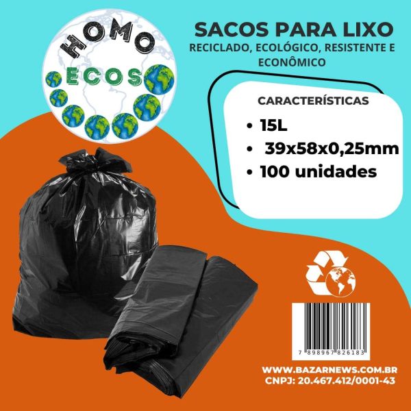 SACO PARA LIXO HOMO ECOS - 15 LITROS - 100 UNIDADES - RECICLADO, ECOLÓGICO, RESISTENTE E ECONÔMICO
