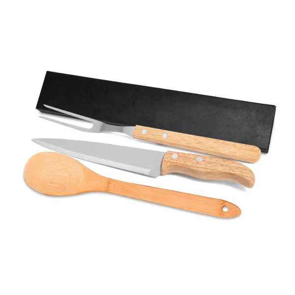 CONJUNTO GARFO, FACA 7" EM MADEIRA E COLHER EM BAMBU 3 PEÇAS WELF  KF-90416