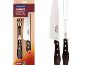 JOGO TRINCHANTE PARA CHURRASCO EM AÇO INOX COM CABO CASTANHO POLYWOOD 2 PEÇAS TRAMONTINA 21198/960