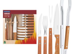 KIT PARA CHURRASCO EM AÇO INOX COM CABO DE MADEIRA NATURAL 15 PEÇAS TRAMONTINA 22399/028