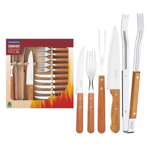 KIT PARA CHURRASCO EM AÇO INOX COM CABO DE MADEIRA NATURAL 15 PEÇAS TRAMONTINA 22399/028