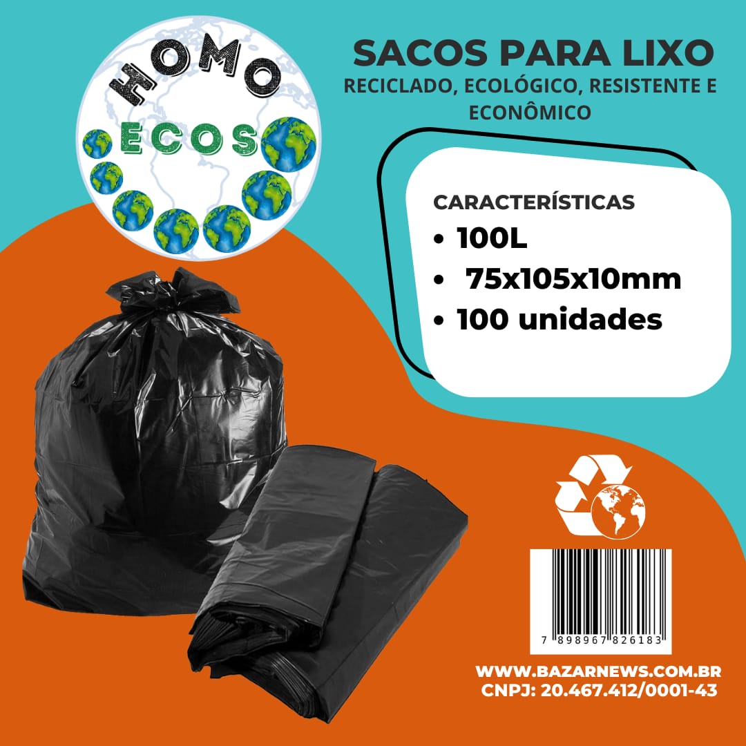 SACO PARA LIXO 100 LITROS C/100 UNIDADES 75x105x0,10mm HOMO ECOS, RECICLADO, ECOLÓGICO, RESISTENTE E ECONÔMICO