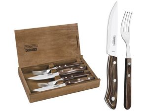 JOGO DE TALHERES PARA CHURRASCO EM AÇO INOX CABO CASTANHO POLYWOOD COM ESTOJO DE MADEIRA 4 PEÇAS TRAMONTINA 29899/511