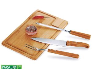 CONJUNTO PARA CHURRASCO EM BAMBU E INOX TEXAS 4 PEÇAS WELF MB-04103