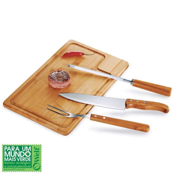 CONJUNTO PARA CHURRASCO EM BAMBU E INOX TEXAS 4 PEÇAS WELF MB-04103