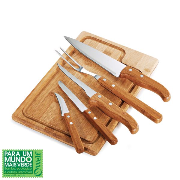 CONJUNTO PARA CHURRASCO EM BAMBU E INOX DALLAS 6 PEÇAS WELF MB-19153