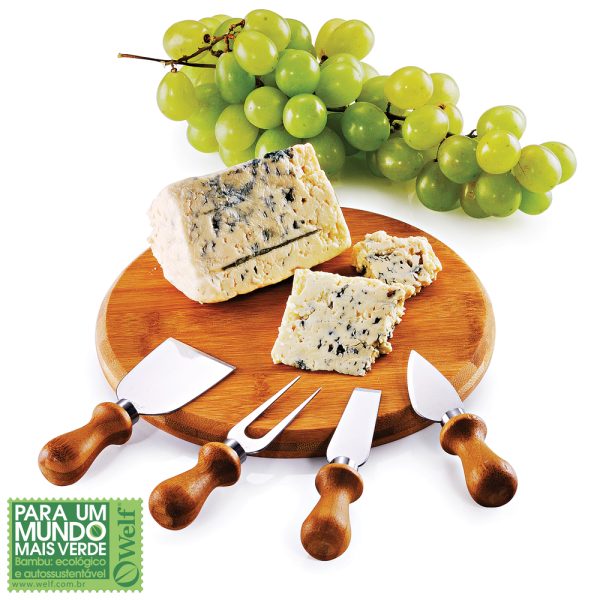 CONJUNTO PARA QUEIJO EM BAMBU E INOX CÓRDOBA 5 PEÇAS WELF PD-15043