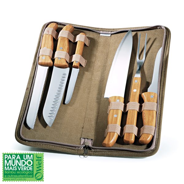 CONJUNTO DE FACAS INOX/BAMBU COM ESTOJO MONTREAL 7 PEÇAS WELF REF PB-00643