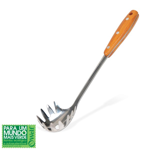 PEGADOR PARA MACARRÃO EM AÇO INOX COM CABO EM BAMBU 34,5CM WELF UB-80063