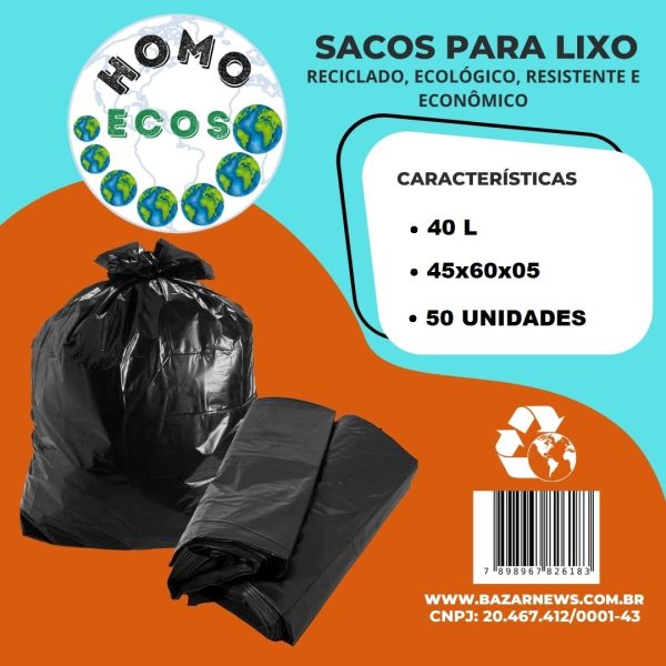 SACO PARA LIXO 40 LITROS C/ 100 UNIDADES HOMO ECOS 65X70X0,06MM