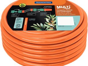 MANGUEIRA 15M SUPER FLEX COM ENGATES ROSQUEADOS E ESGUICHO EM PVC LARANJA TRAMONTINA 79212/151