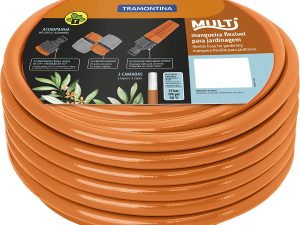 MANGUEIRA 10M SUPER FLEX COM ENGATES ROSQUEADOS E ESGUICHO EM PVC LARANJA TRAMONTINA 79212/101