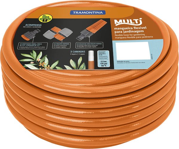 MANGUEIRA 10M SUPER FLEX COM ENGATES ROSQUEADOS E ESGUICHO EM PVC LARANJA TRAMONTINA 79212/101