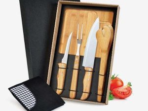 KIT PARA CHURRASCO EM BAMBU E INOX COM AVENTAL 6 PEÇAS WELF ME-04803