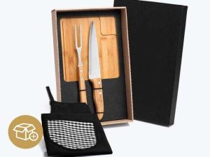 KIT PARA CHURRASCO EM BAMBU E INOX COM AVENTAL 4 PEÇAS WELF ME-19163