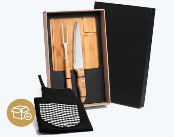 KIT PARA CHURRASCO EM BAMBU E INOX COM AVENTAL 4 PEÇAS WELF ME-19163