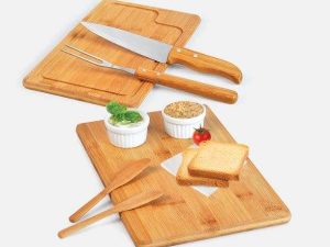 CONJUNTO PARA CHURRASCO E PETISCO EM BAMBU E PORCELANA 7 PEÇAS WELF ME-19663