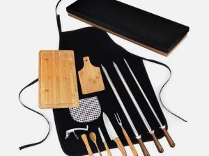 CONJUNTO PARA CHURRASCO E BAR EM BAMBU E INOX COM ESPETOS 12 PEÇAS WELF MF-04103