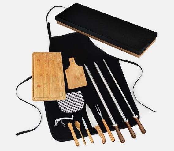 CONJUNTO PARA CHURRASCO E BAR EM BAMBU E INOX COM ESPETOS 12 PEÇAS WELF MF-04103