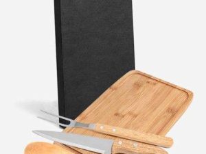 CONJUNTO PARA COZINHA E CHURRASCO EM BAMBU COM  INOX E MADEIRA 4 PEÇAS WELF MX-36166