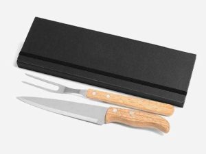 CONJUNTO DE GARFO E FACA INOX E  MADEIRA COM ESTOJO PRETO 3 PEÇAS WELF PB-31066